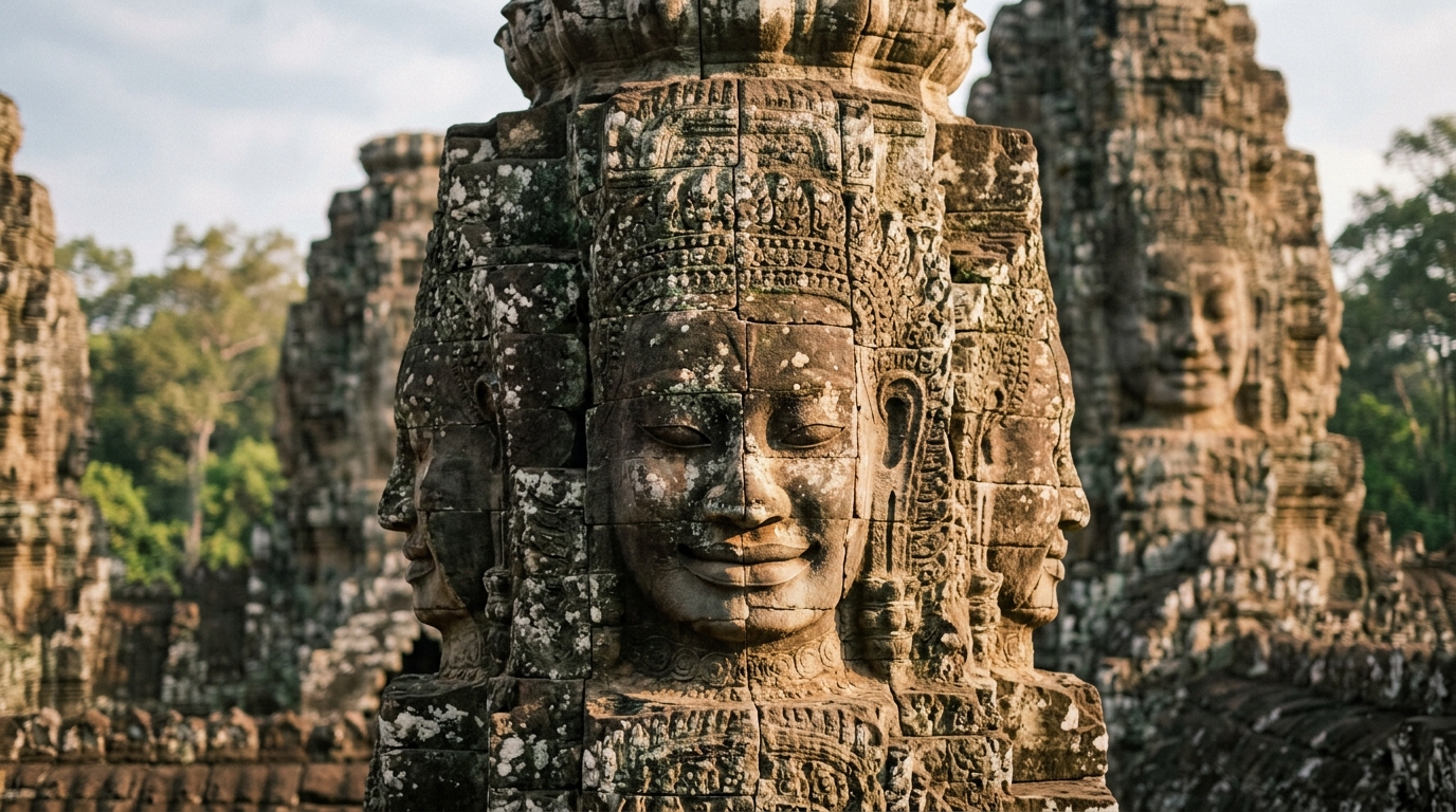 Bayon temple faces close-up with morning light