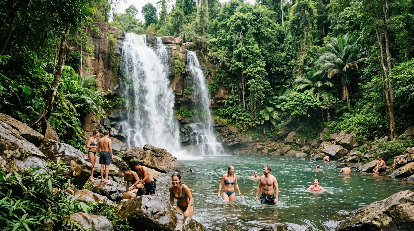 Phnom Kulen waterfall with swimmers and lush green forest