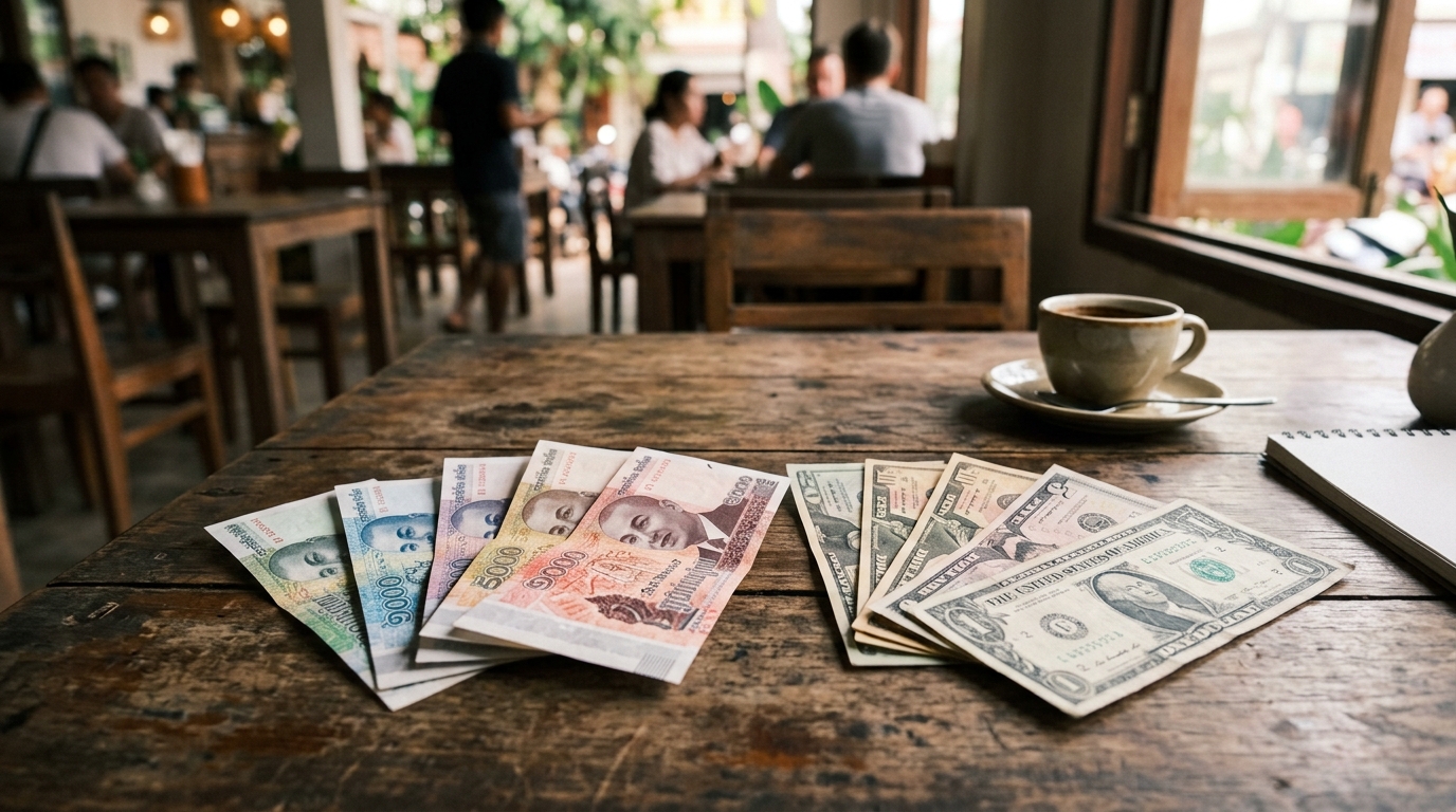 Cambodian riel banknotes fanned out beside US dollar bills on a wooden cafe table
