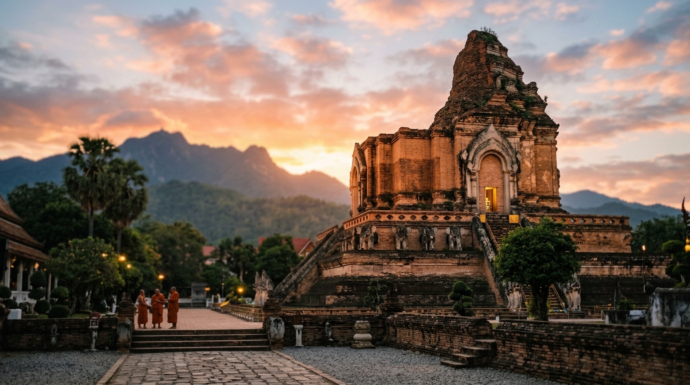 Wat Chedi Luang ancient temple ruins glowing at sunset with Doi Suthep mountain backdrop