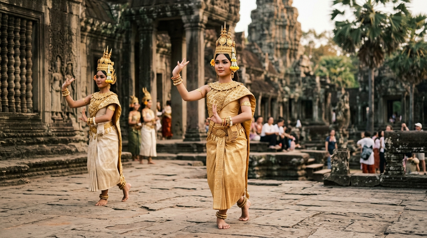 Apsara dancers in traditional gold costumes performing