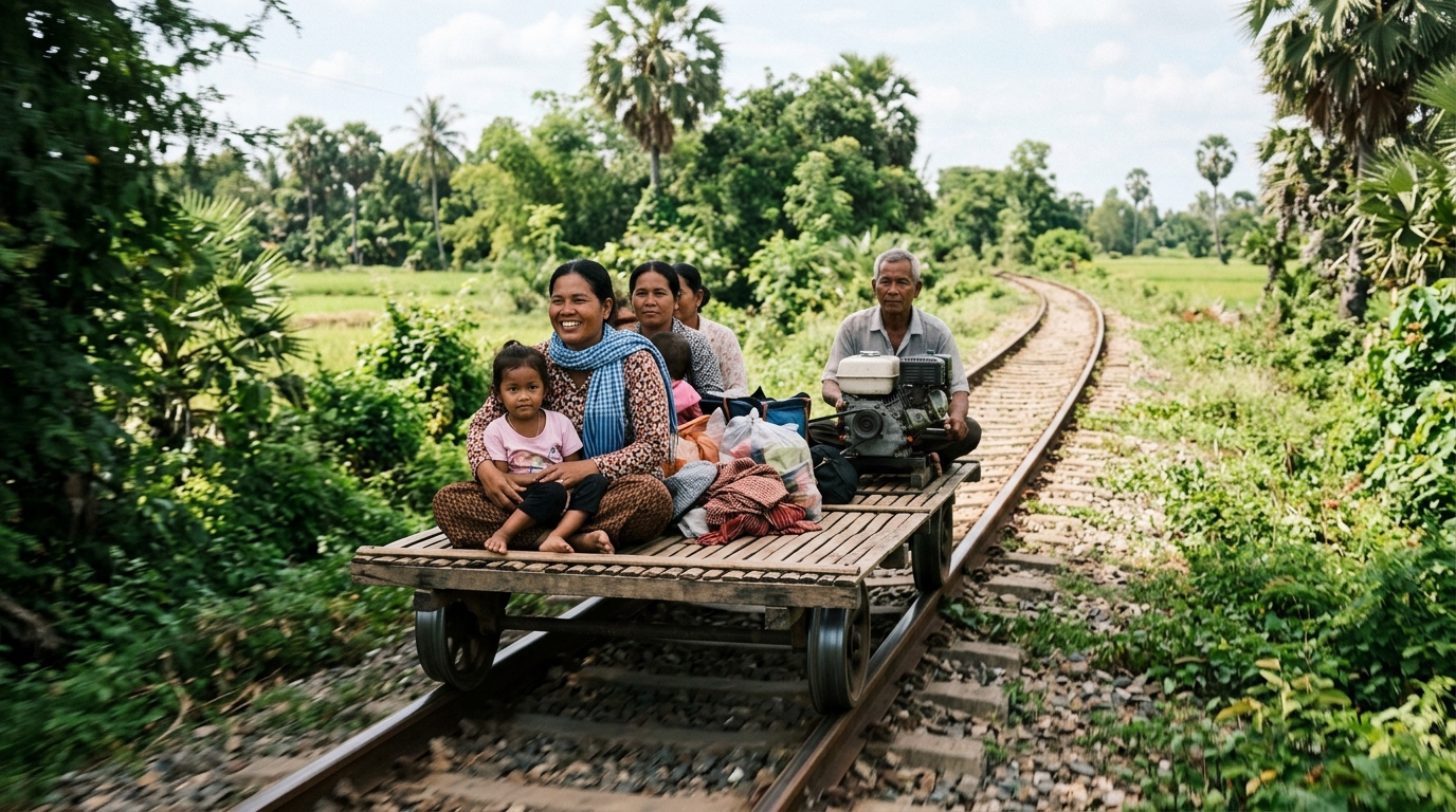 Bamboo train norry on rural tracks with passengers in Cambodia