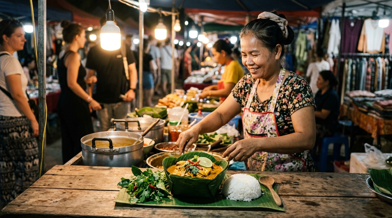 Vibrant street food stall serving fish amok in banana leaf bowl with rice
