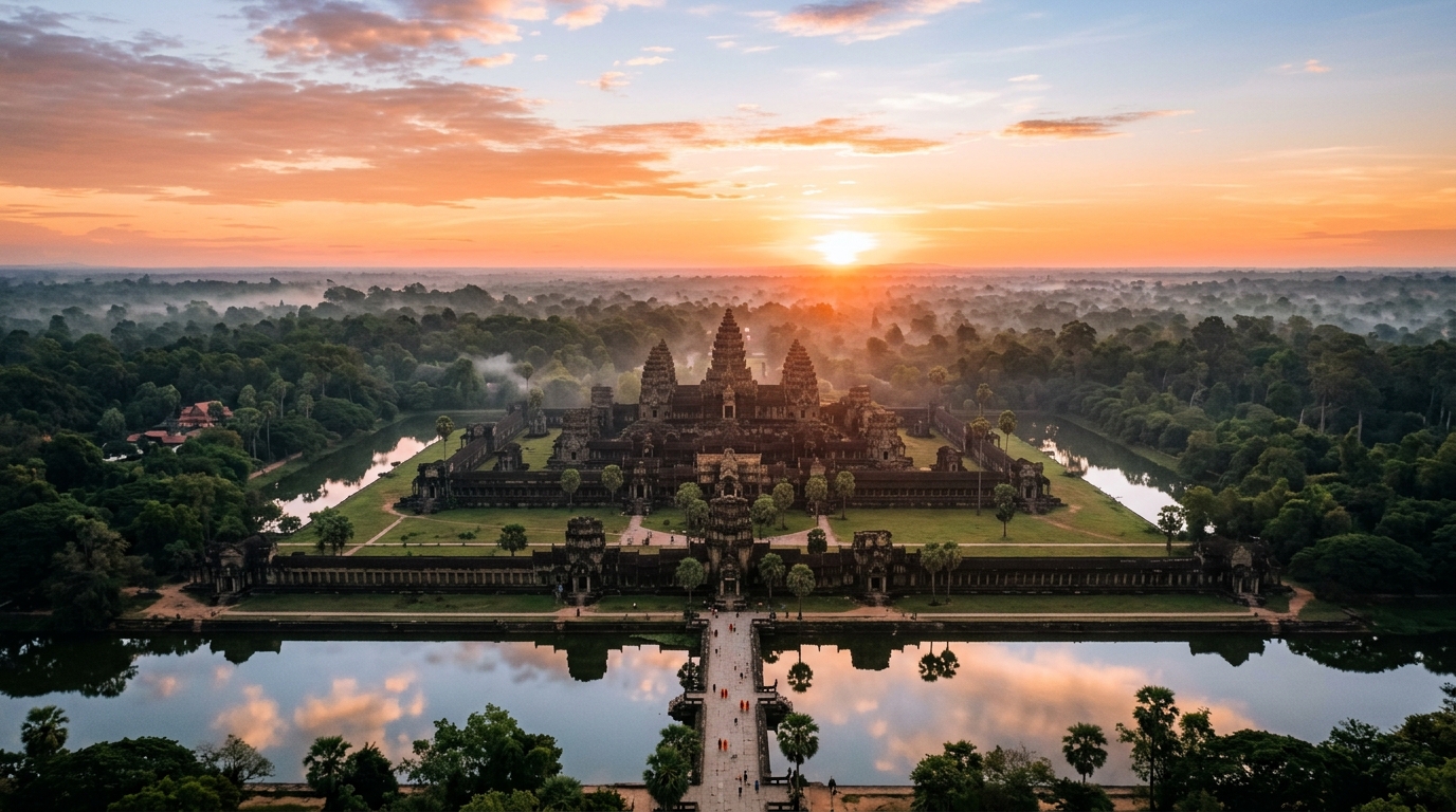 Aerial view of Angkor Wat temple complex at sunrise with orange sky