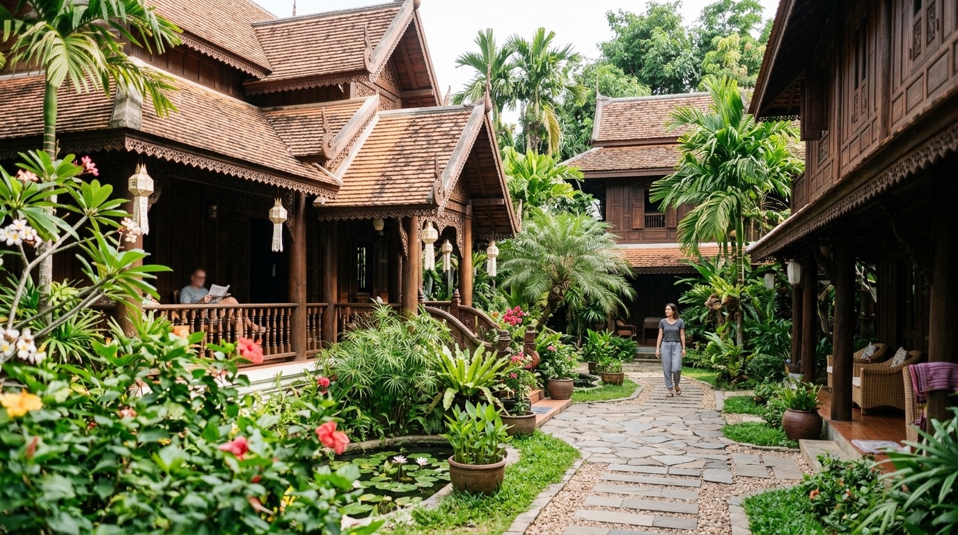 Boutique hotel courtyard with traditional Lanna architecture and tropical garden