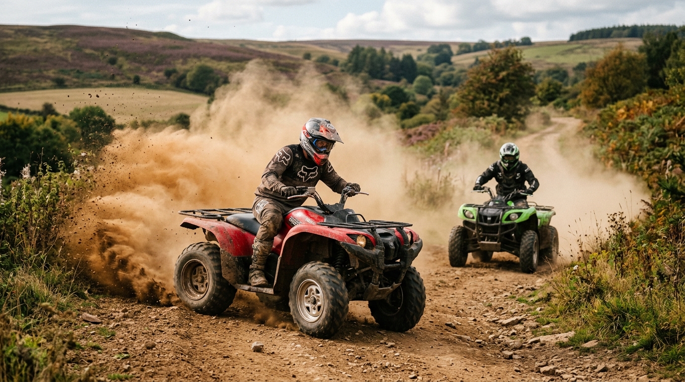 Quad bike riders kicking dust on countryside trail
