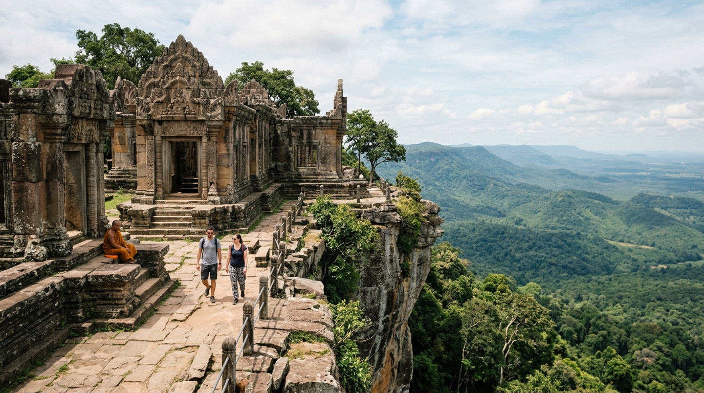 Preah Vihear temple on cliff edge with mountain view