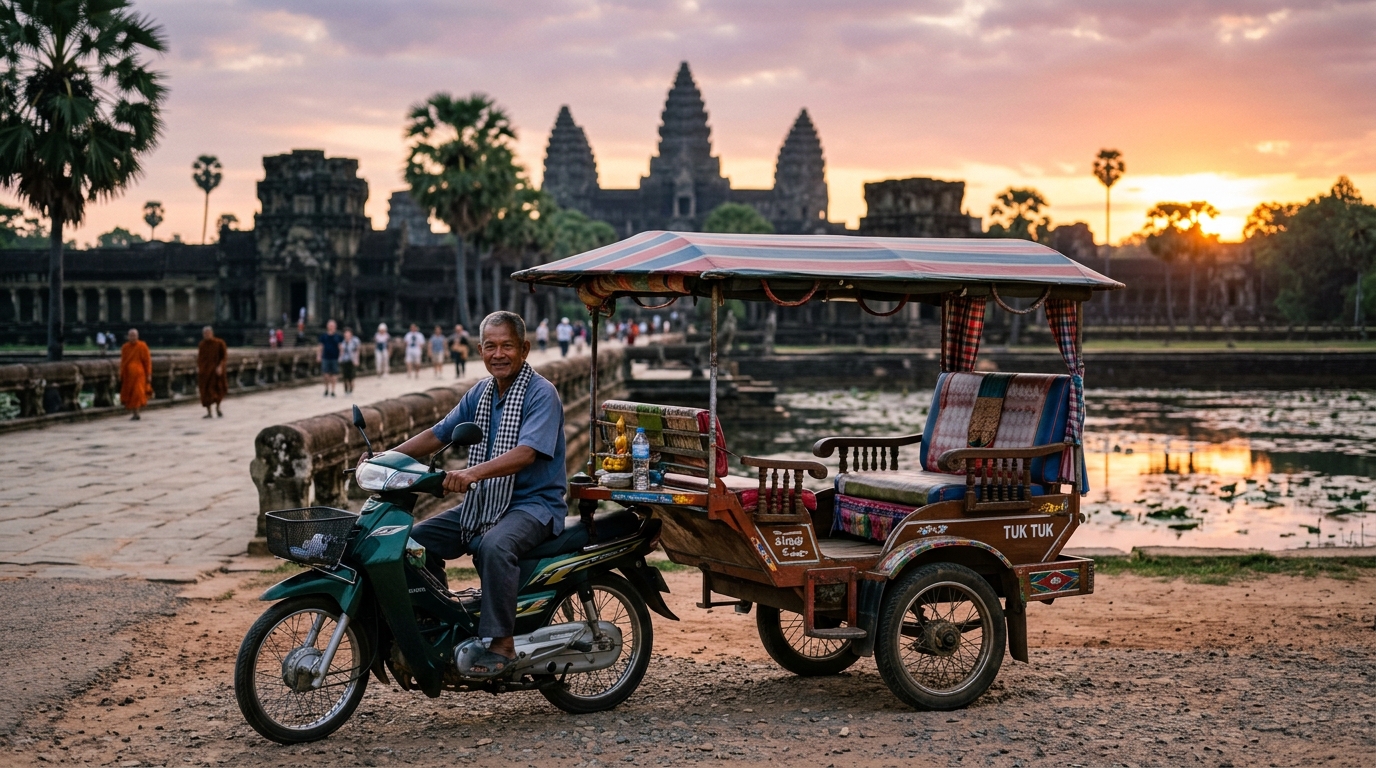 Tuk-tuk driver with traditional Khmer cart waiting near Angkor Wat entrance at sunrise