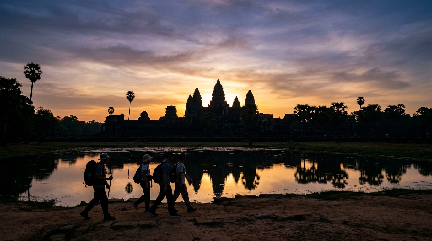 Travelers silhouetted against Angkor Wat at sunrise