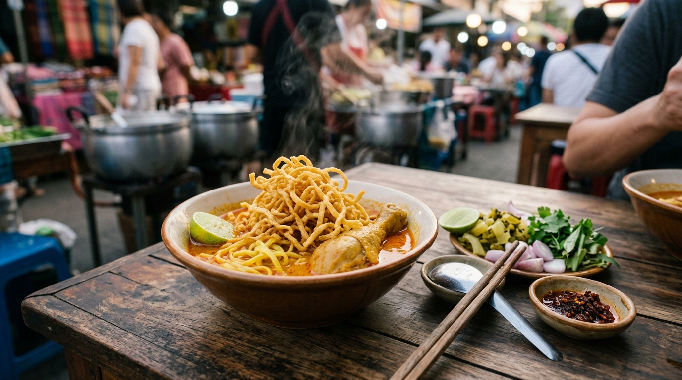 Steaming bowl of khao soi noodle soup with crispy noodles, lime, and pickled greens