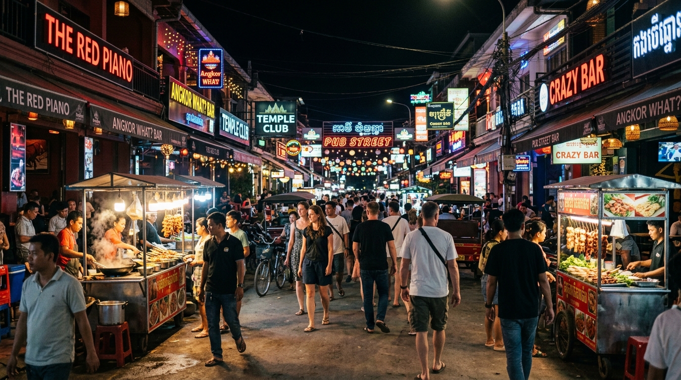 Wide shot of Pub Street at night with neon signs and food stalls in best food siem reap