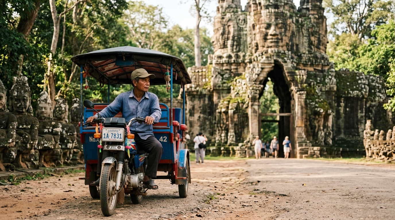 Tuk-tuk driver waiting at temple gate in Siem Reap