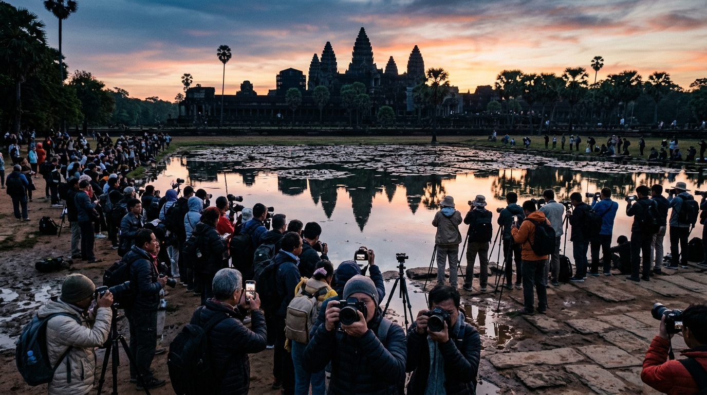 Sunrise crowd photographing Angkor Wat reflection in lotus pond