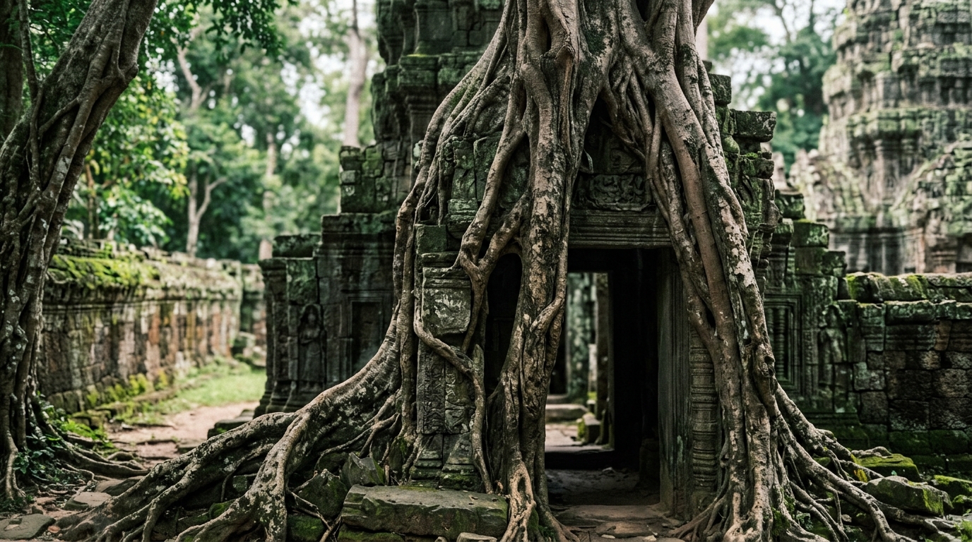 Tree roots growing through stone temple ruins at Ta Prohm