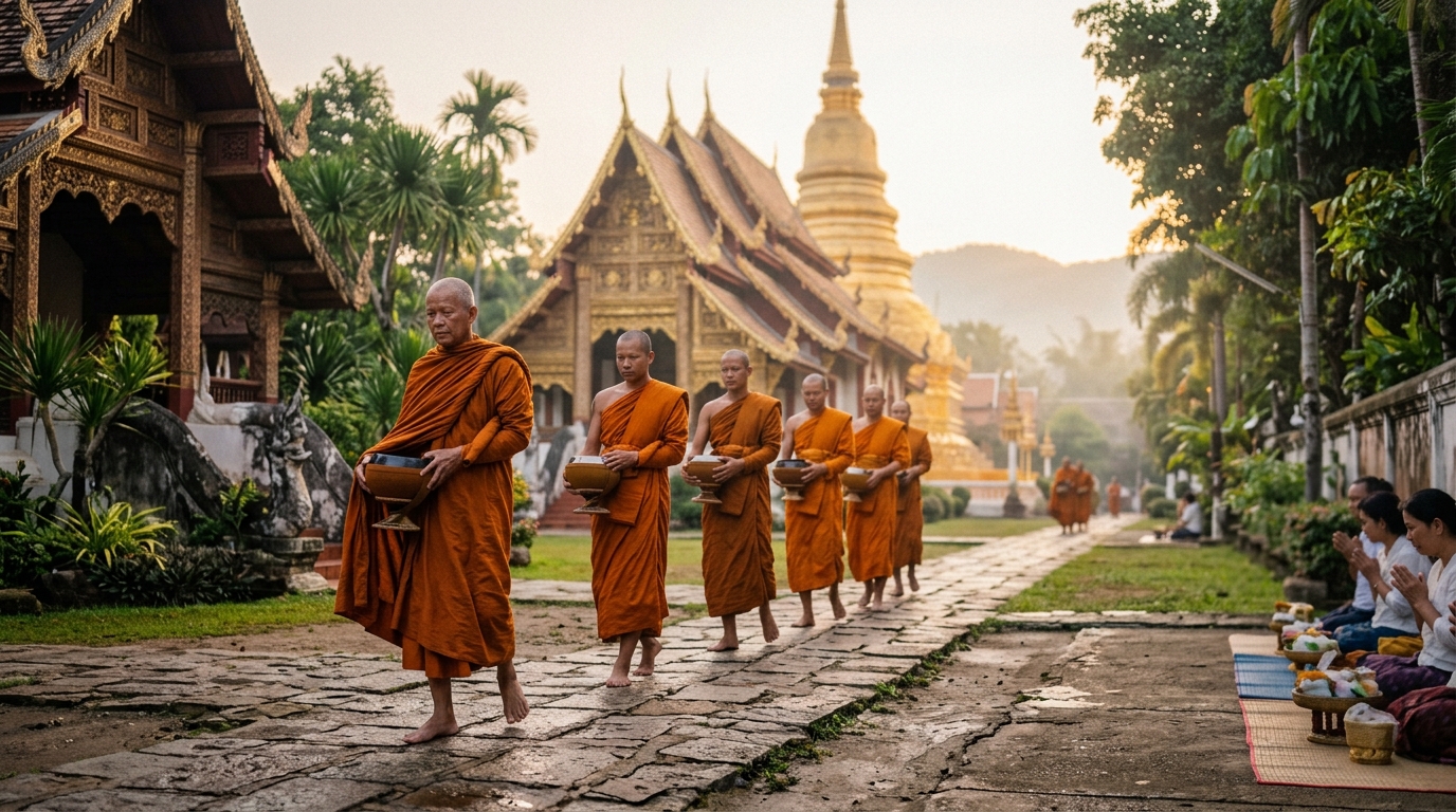 Buddhist monks walking single file at sunrise on Chiang Mai temple grounds