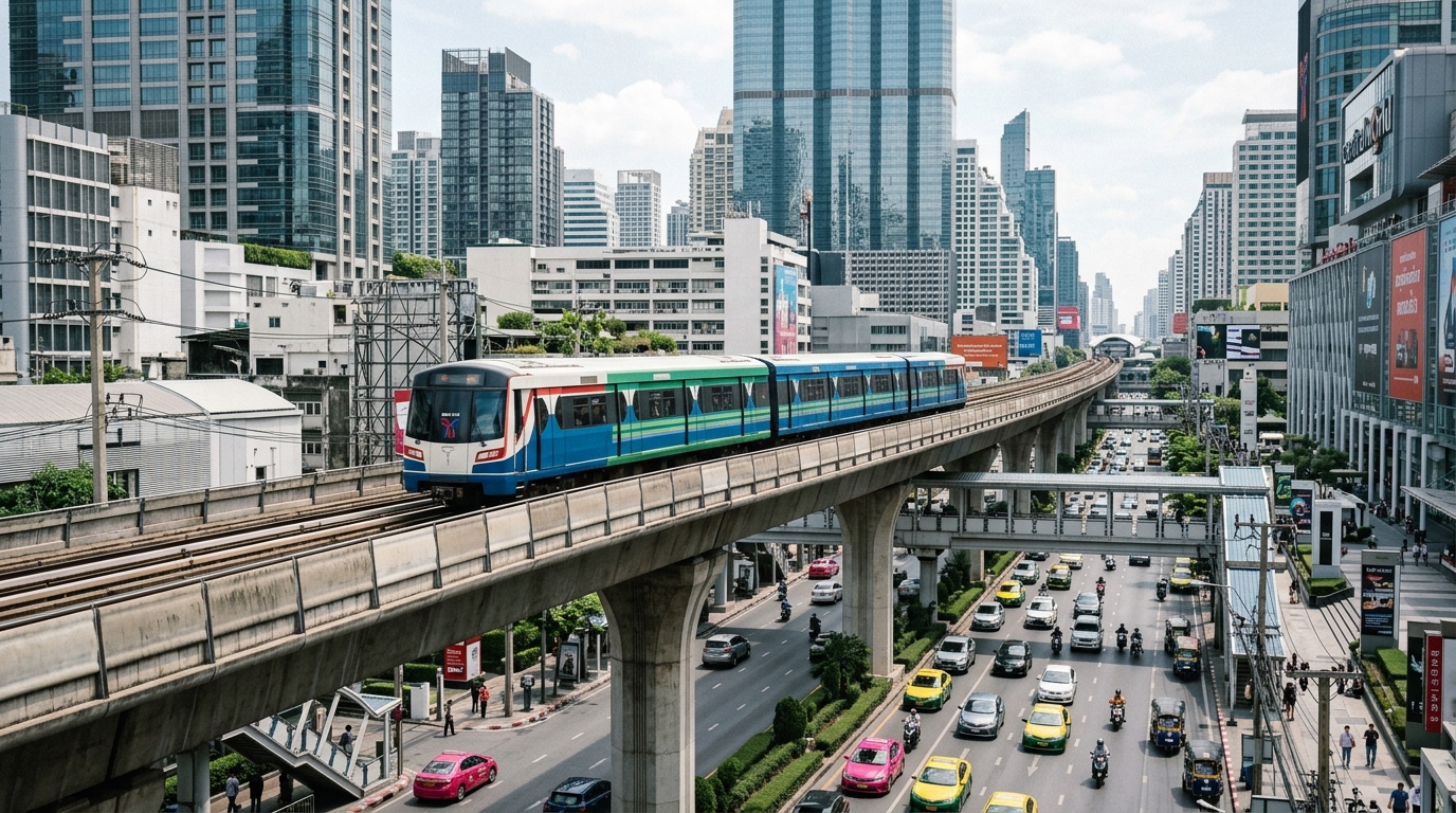 Bangkok BTS Skytrain passing through modern city center with elevated tracks - bangkok BTS skytrain elevated train city in getting around bangkok