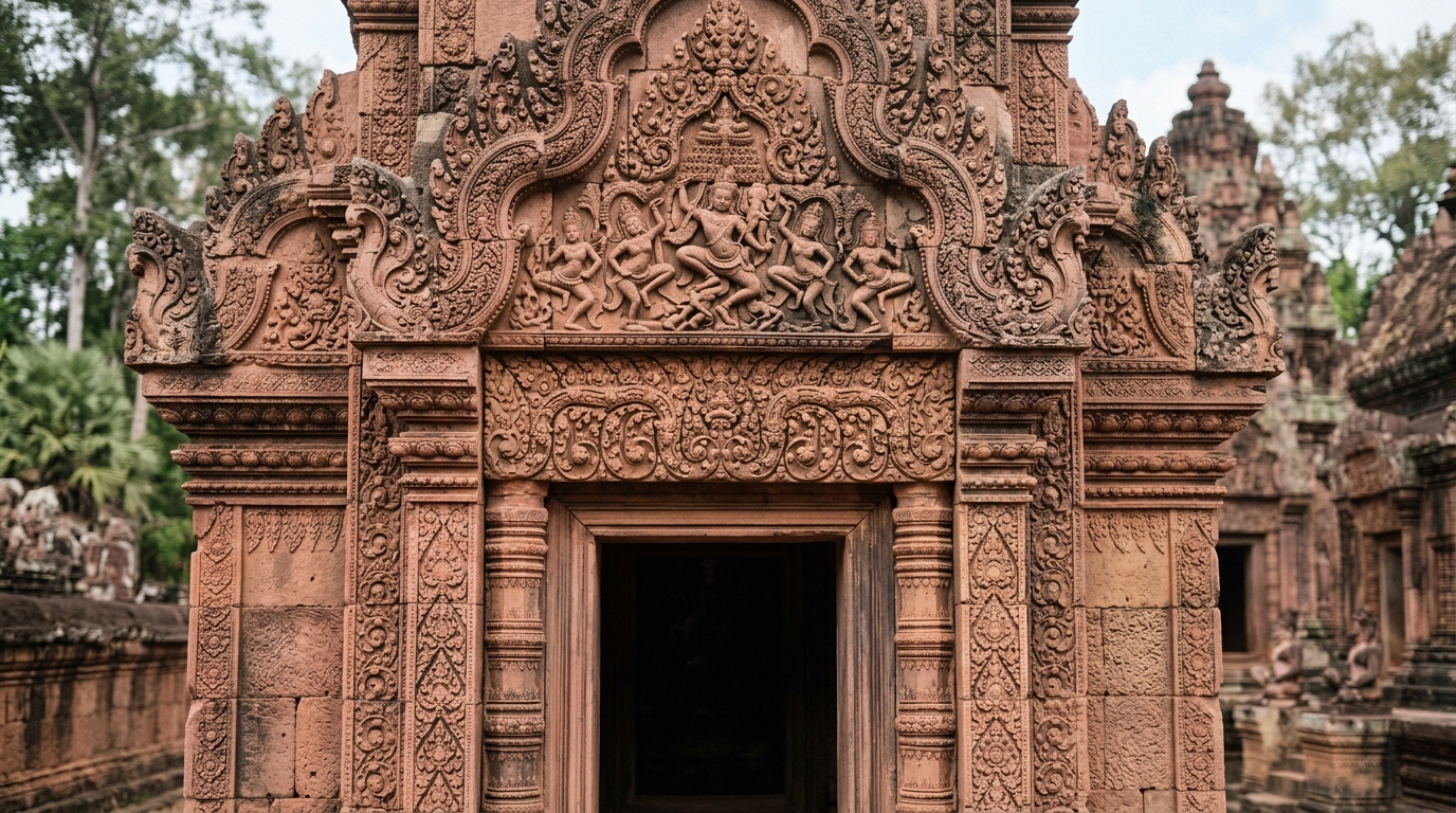 Detailed pink sandstone carvings at Banteay Srei temple