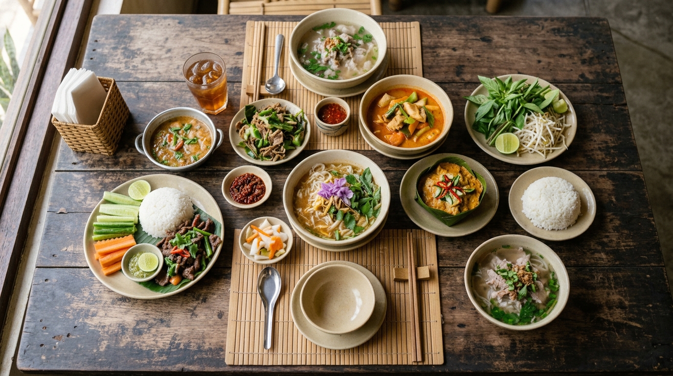 Flat lay of Khmer dishes on wooden table in best food siem reap