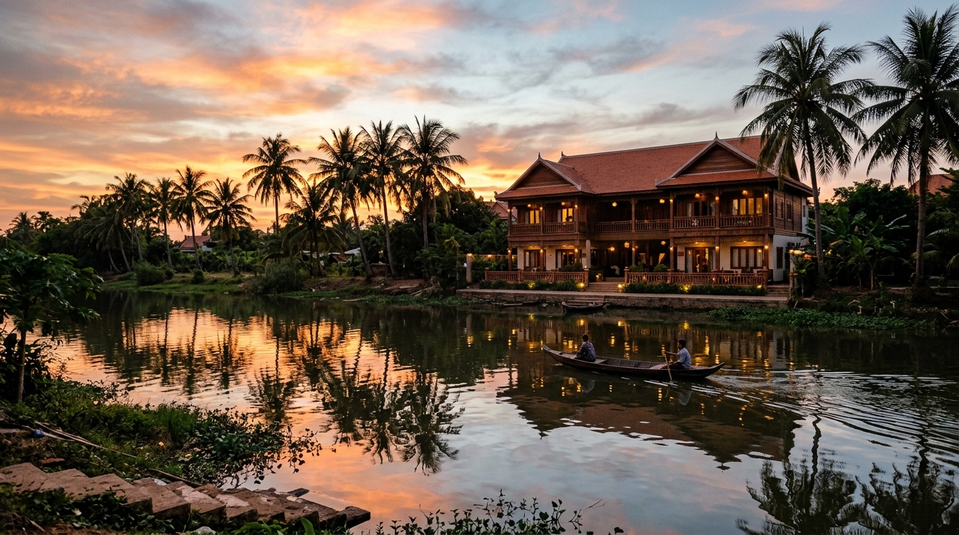 Siem Reap riverside boutique hotel with palm trees and sunset reflection - siem reap river hotel sunset palm boutique in where to stay siem reap