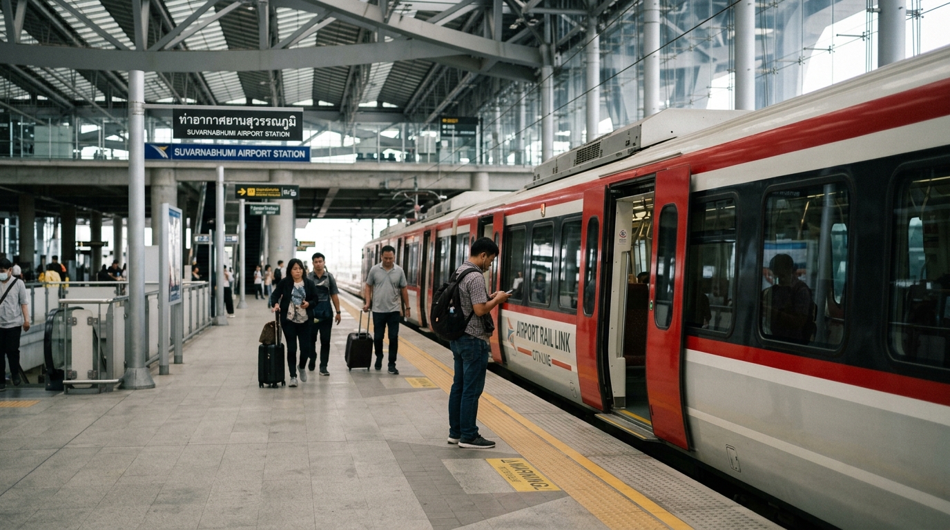 Airport Rail Link train at Suvarnabhumi Airport station platform - bangkok airport rail link train station in getting around bangkok
