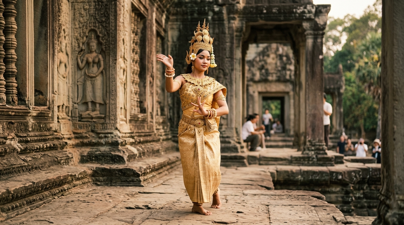 Traditional Apsara dancer in golden costume performing