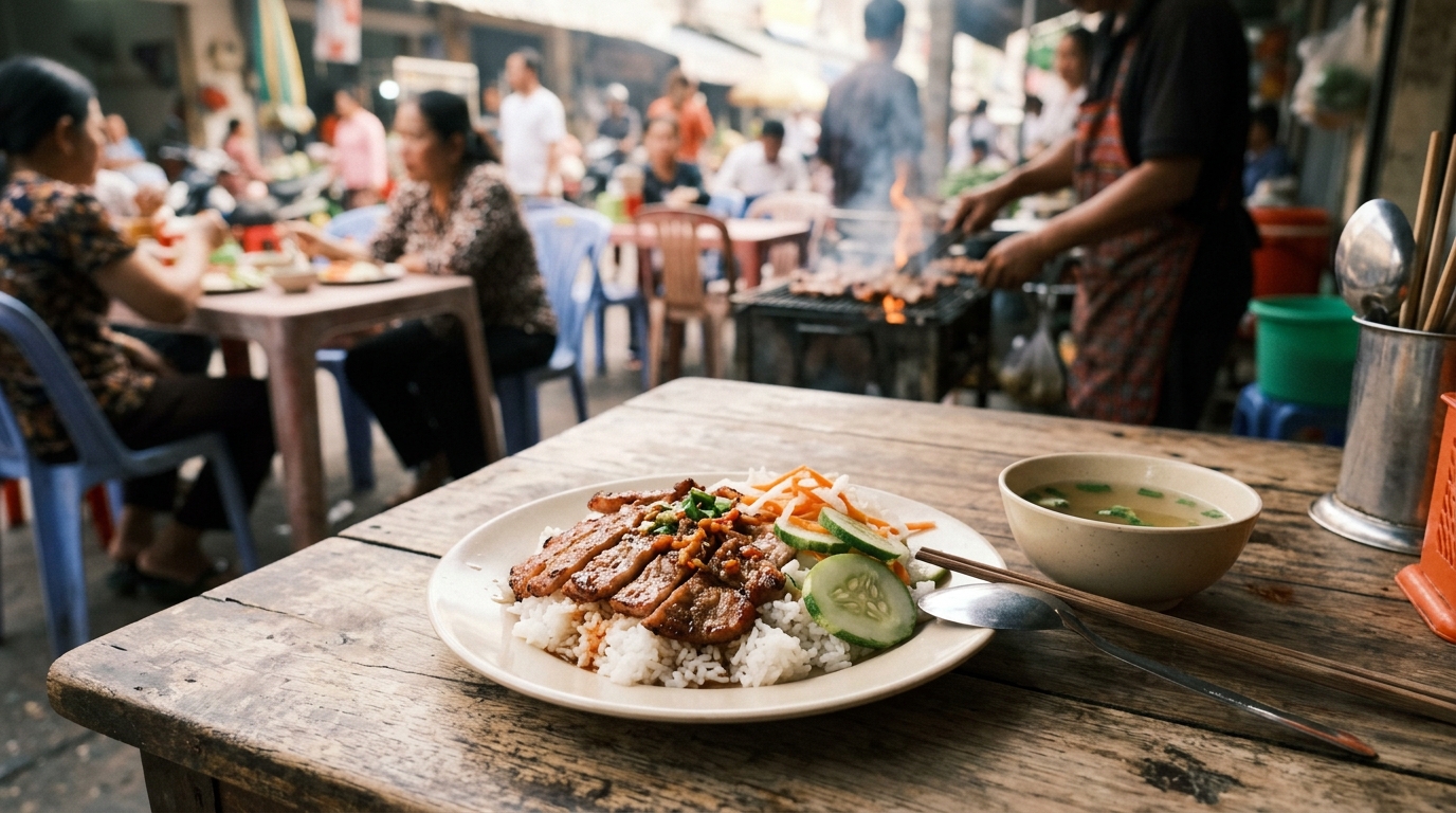 Bai sach chrouk grilled pork rice breakfast in best food siem reap
