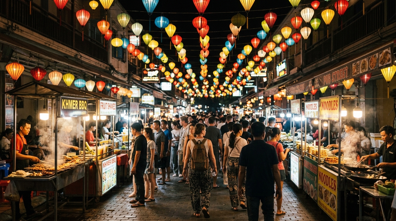 Pub Street Siem Reap night market with colorful lanterns and food stalls - pub street siem reap night market lanterns in where to stay siem reap