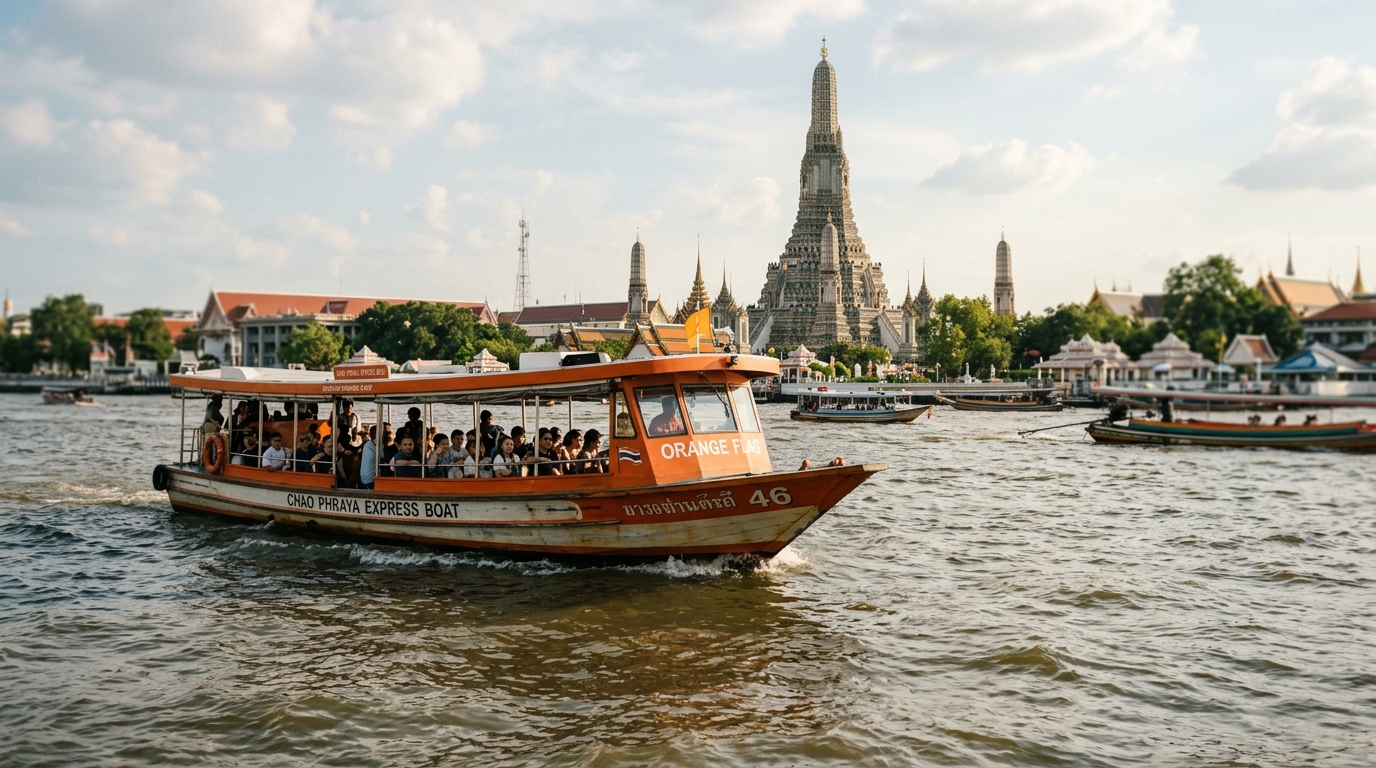 Orange flag Chao Phraya Express Boat on Bangkok river with temples in background - bangkok chao phraya river boat temple in getting around bangkok