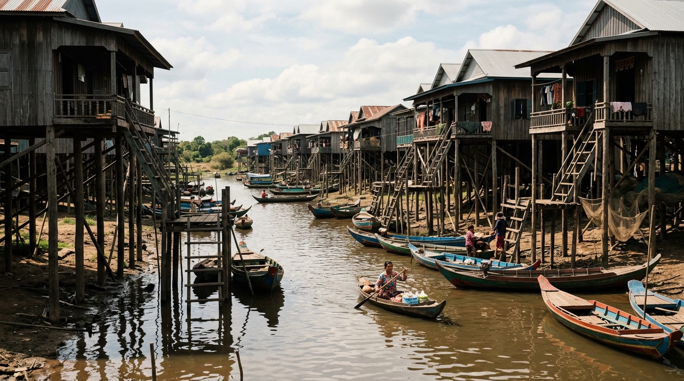 Stilted houses of Kampong Phluk floating village in Cambodia