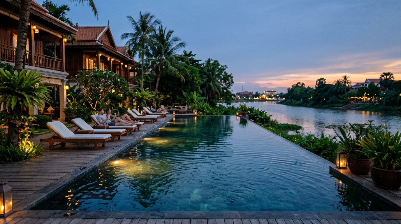 Wat Bo riverside Siem Reap boutique resort with infinity pool at dusk - wat bo riverside hotel pool dusk siem reap in where to stay siem reap