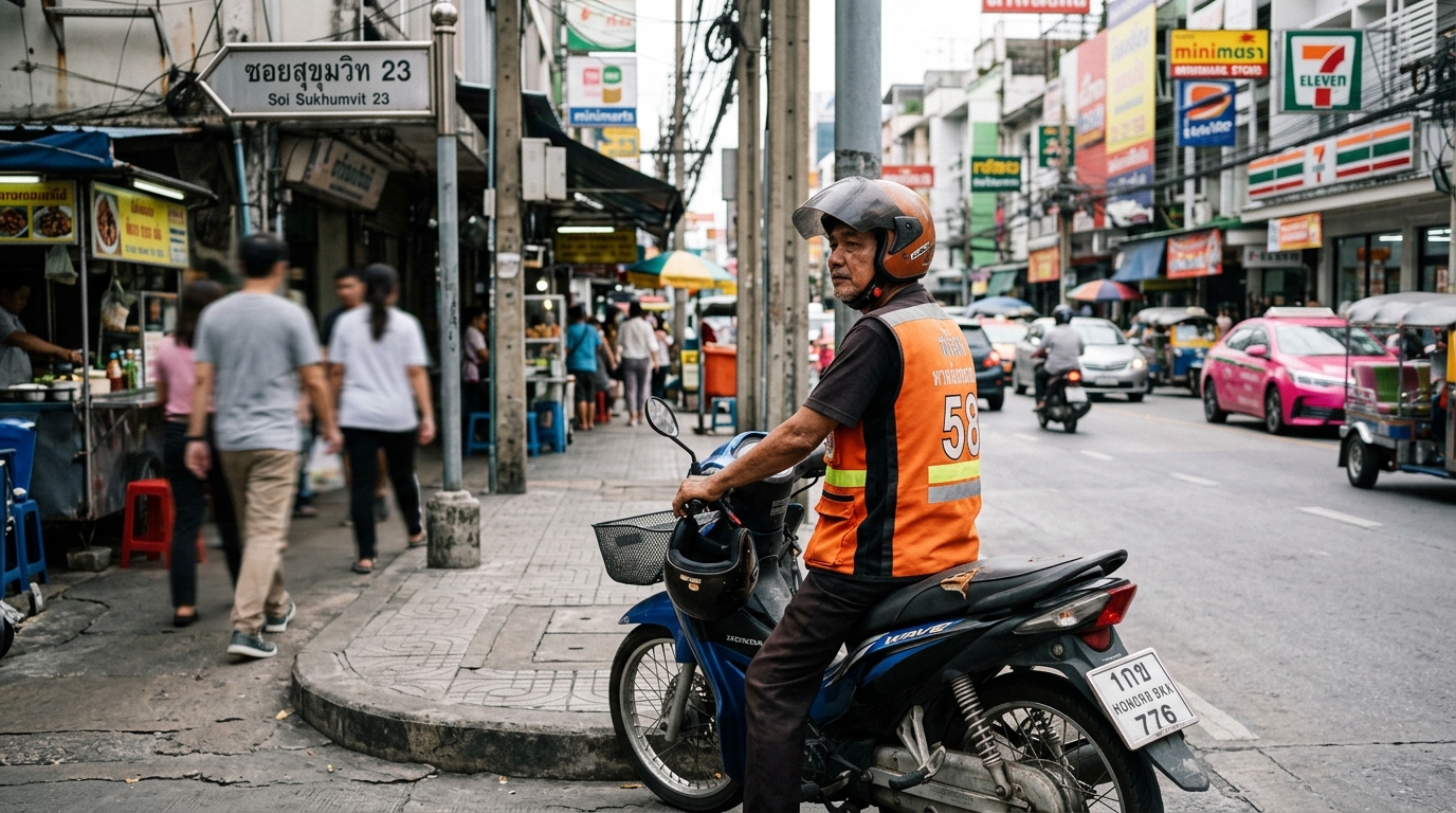 Bangkok motorbike taxi driver in orange vest waiting at soi entrance - bangkok motorbike taxi orange vest soi in getting around bangkok