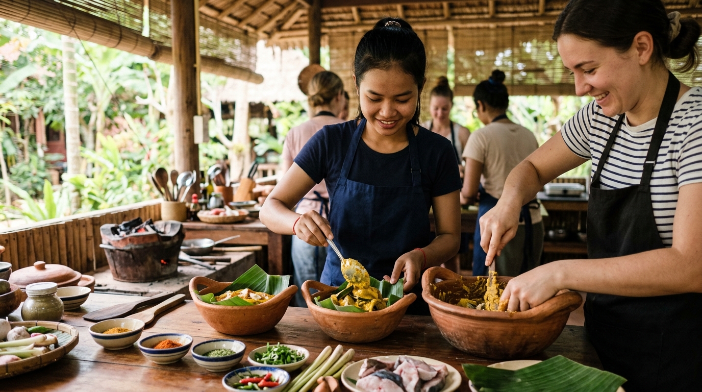 Cooking class students preparing fish amok in clay bowls