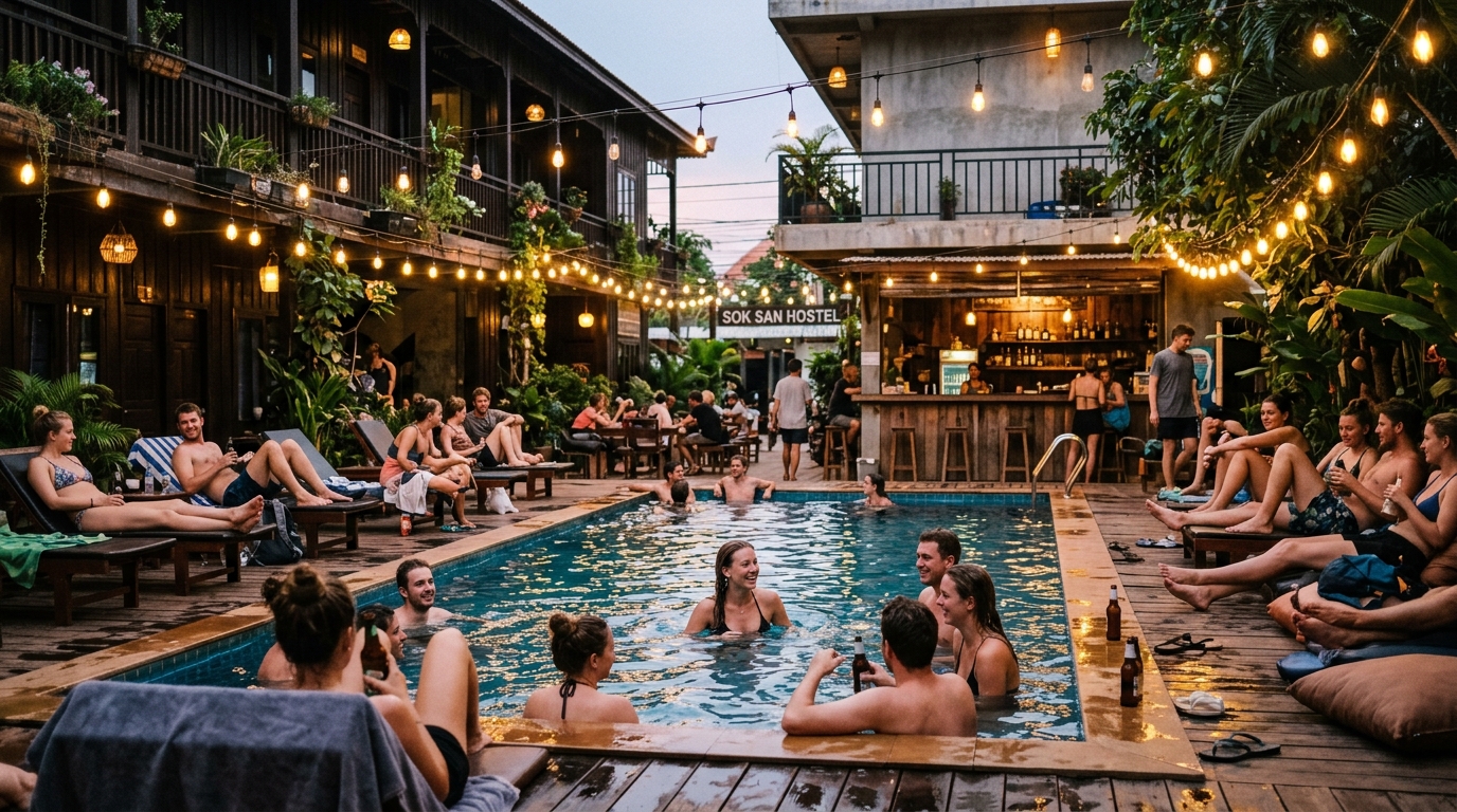 Sok San Road Siem Reap hostel pool with backpackers and string lights - sok san hostel pool backpackers string lights in where to stay siem reap