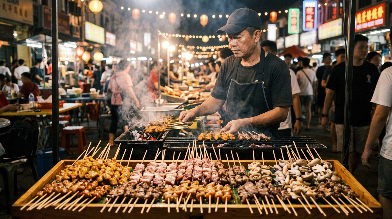 Night market food stalls with skewers in best food siem reap