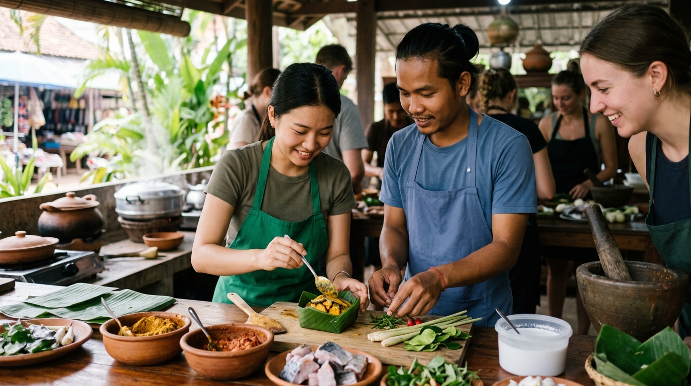 Cooking class students preparing fish amok in best food siem reap