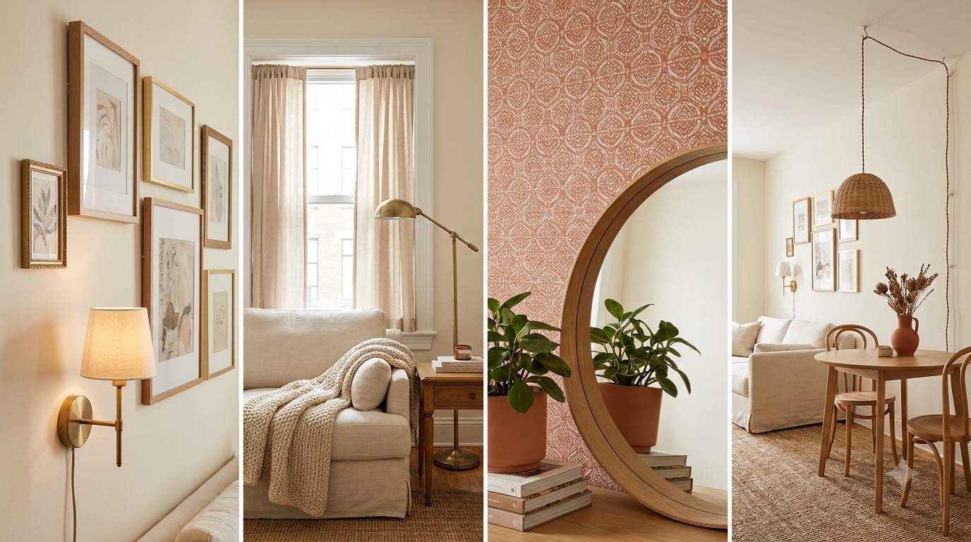 Renter-friendly hacks (no drilling, no damage) — Best Small Apartment Living Room Ideas: 25 Layouts 2026