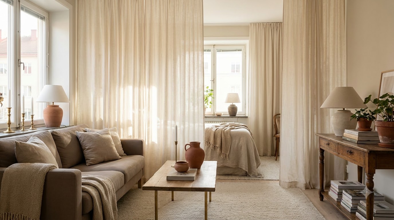 9. Sheer Curtain Room Dividers — Best 23 Aesthetic Tiny Apartment Ideas Under 500 Sq Ft (2026)
