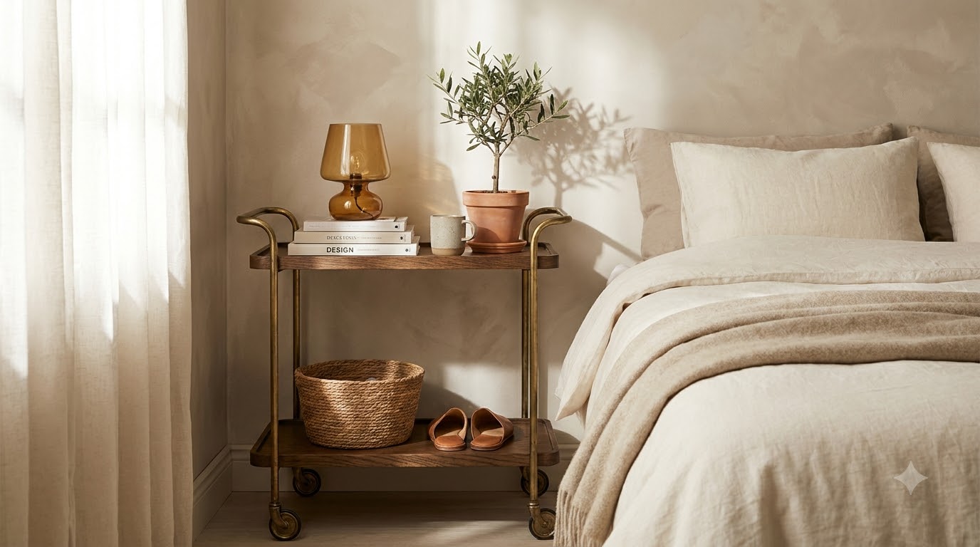 8. The Rolling Bar Cart as a Nightstand — Best 23 Aesthetic Tiny Apartment Ideas Under 500 Sq Ft (2026)