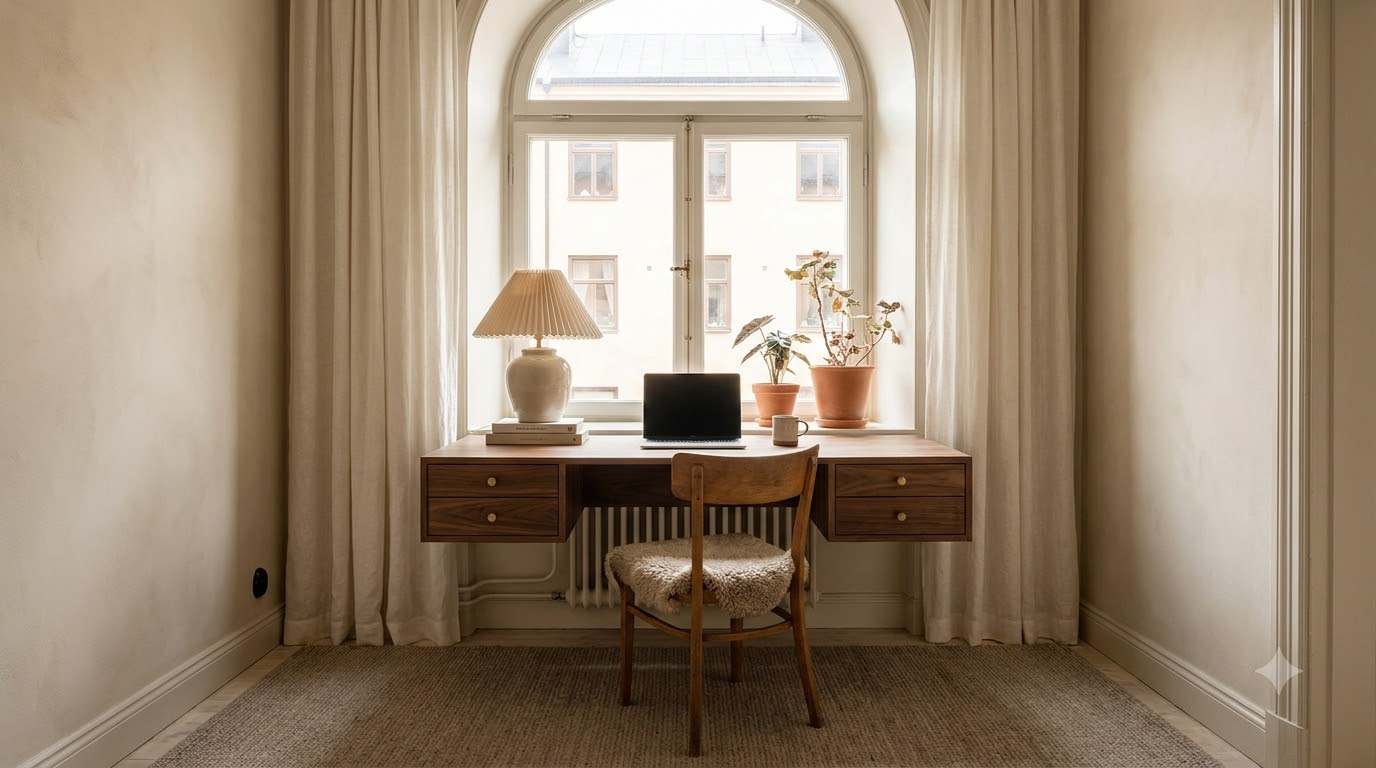 6. The Floating Walnut Desk Under the Window — Best 23 Aesthetic Tiny Apartment Ideas Under 500 Sq Ft (2026)