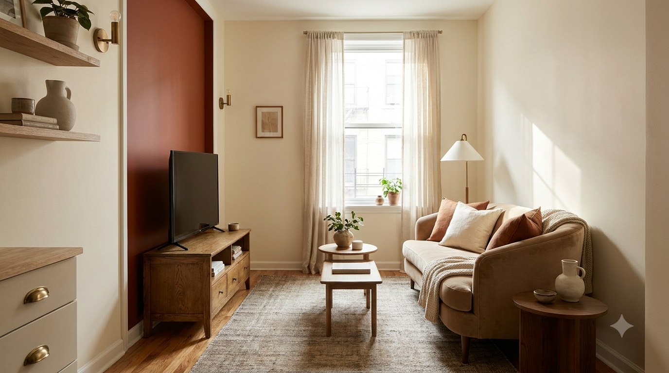 5. Warm White Walls with a Single Saturated Accent — Best 23 Aesthetic Tiny Apartment Ideas Under 500 Sq Ft (2026)