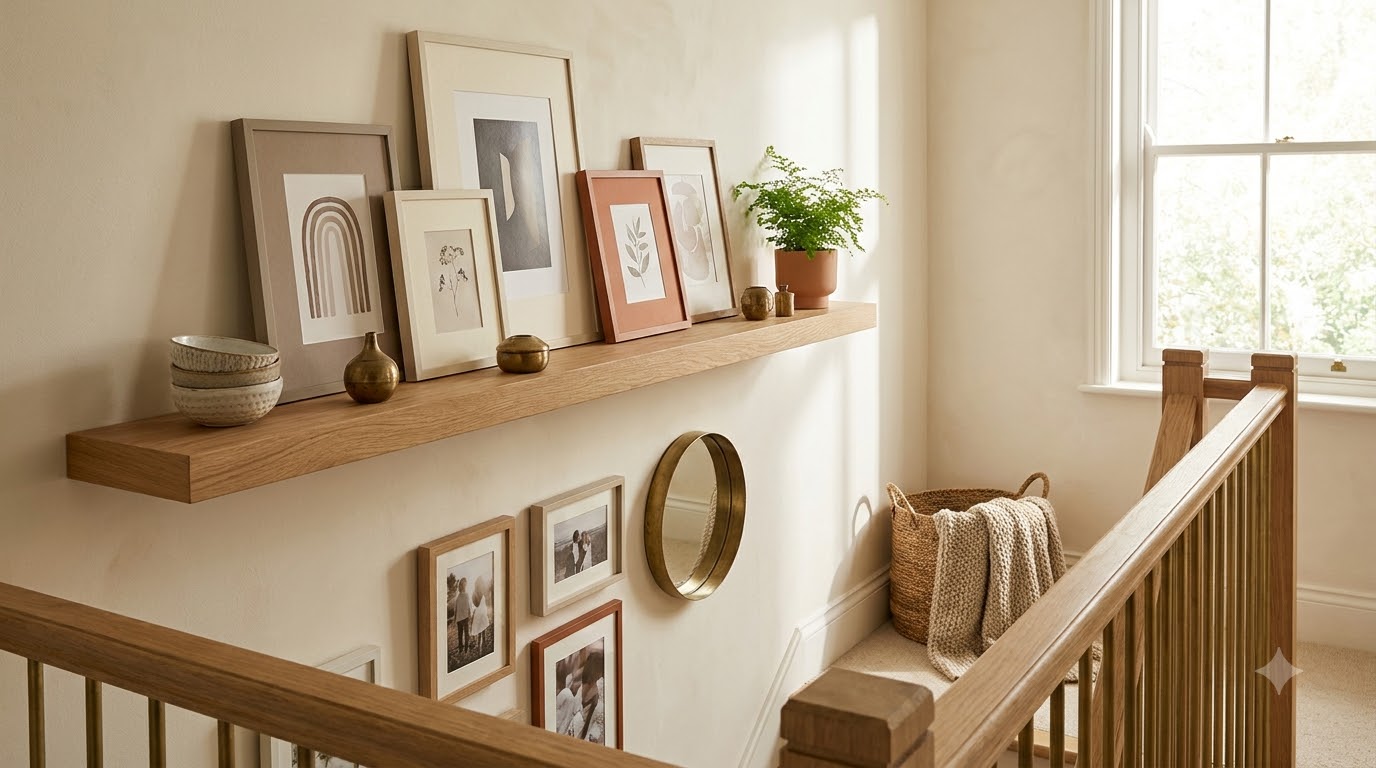 10. The Single Floating Shelf Hybrid — Staircase Gallery Wall Ideas: 15 Layouts That Work