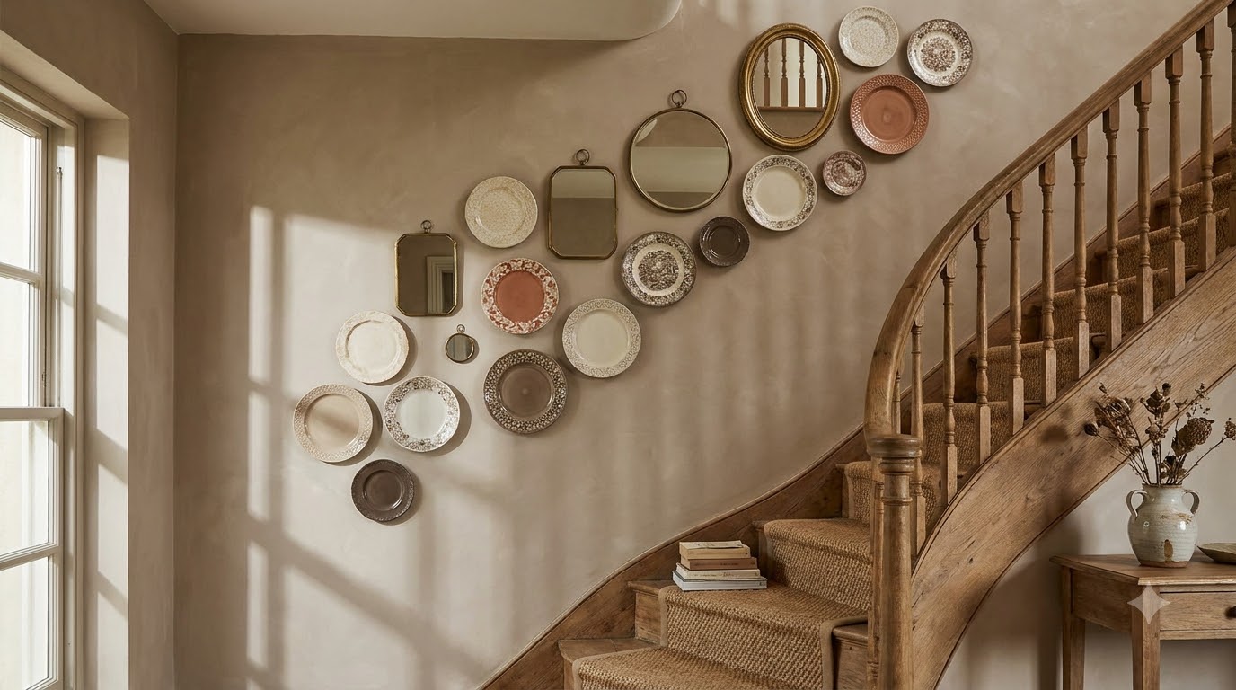 9. Plates and Mirrors Mix — Staircase Gallery Wall Ideas: 15 Layouts That Work