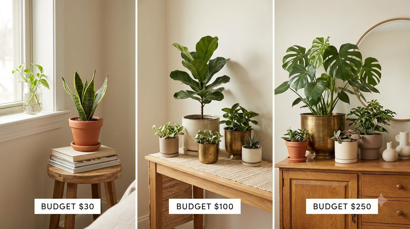 How to Stretch Any Plant Budget Further — Indoor Plants Home Decor Budget Tiers: $30, $100, $250 Makeover