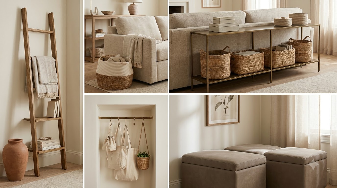 Wall-Adjacent Storage Without Drilling (4 Hacks) — Best Living Room Storage Hacks for Renters (Hidden + Stylish)