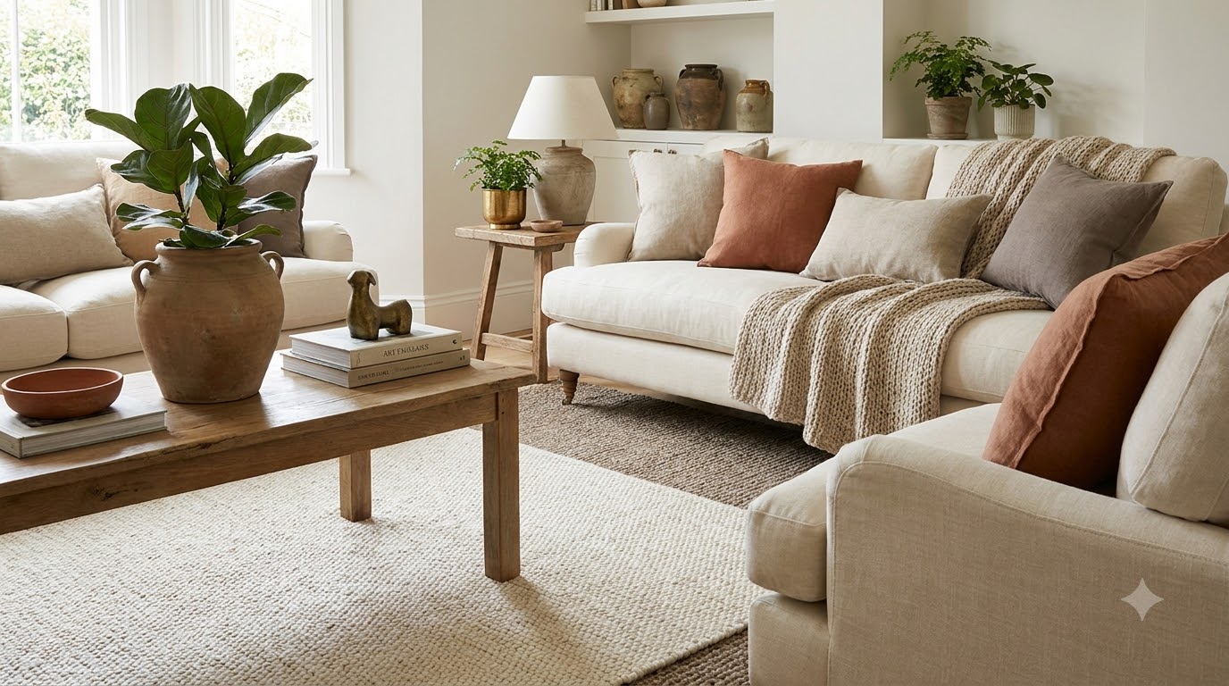 Step 4: Plants and Accent Objects — Living Room Layering Technique: Rugs, Pillows & Throws Without Chaos