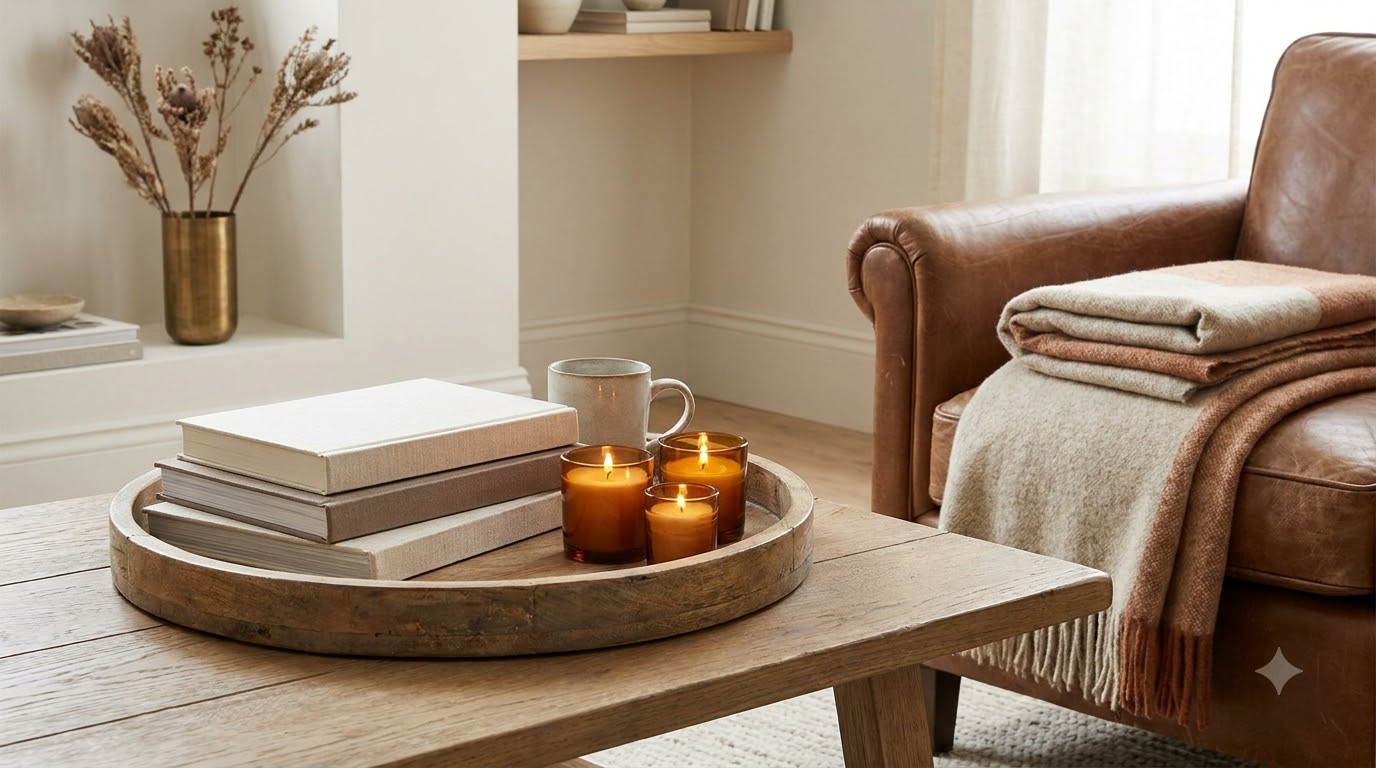 Cozy Detail Ideas (Trays, Books, Candles) — 35 Cozy Living Room Ideas to Save Right Now (2026 Aesthetic)