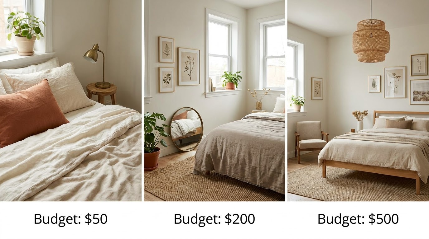 Renter-Friendly Constraints — Bedroom Decor Budget: $50, $200, $500 Makeover Breakdown