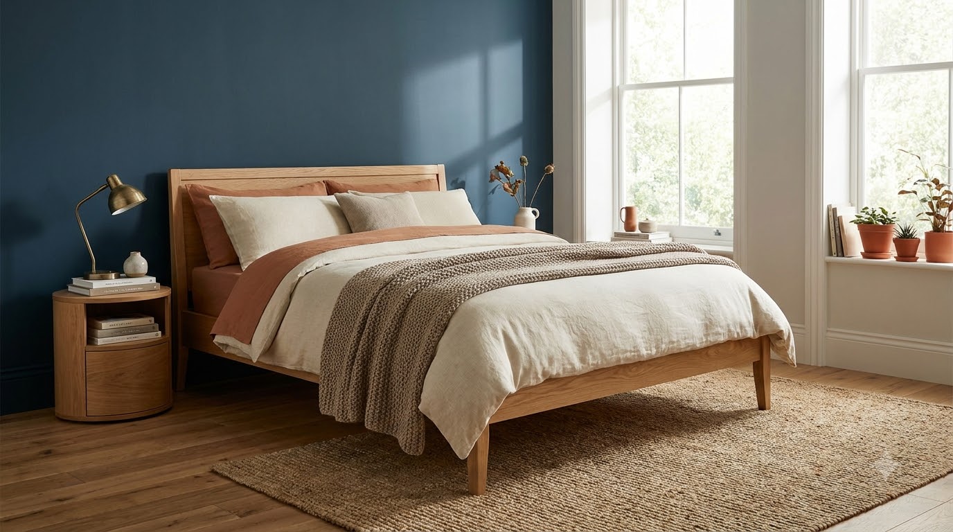 8. Hague Blue + Cream + Oak — Bedroom Color Palette Guide: 12 Calming Combinations