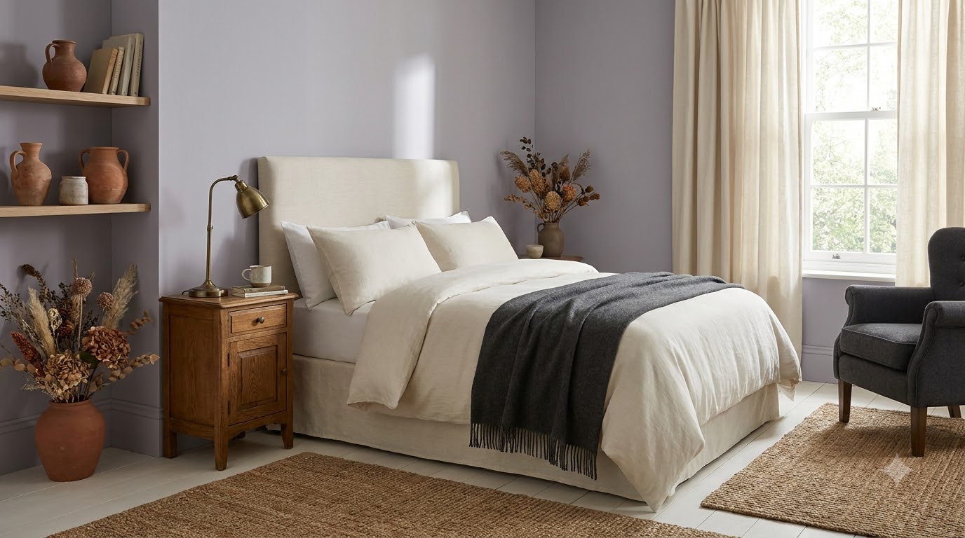 6. Lavender Whisper + Cream + Charcoal — Bedroom Color Palette Guide: 12 Calming Combinations