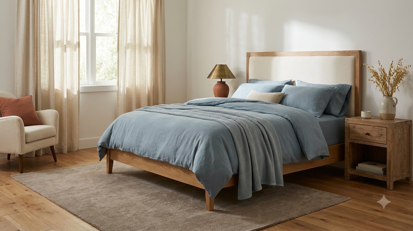 5. Dusty Blue + Cream + Oak — Bedroom Color Palette Guide: 12 Calming Combinations